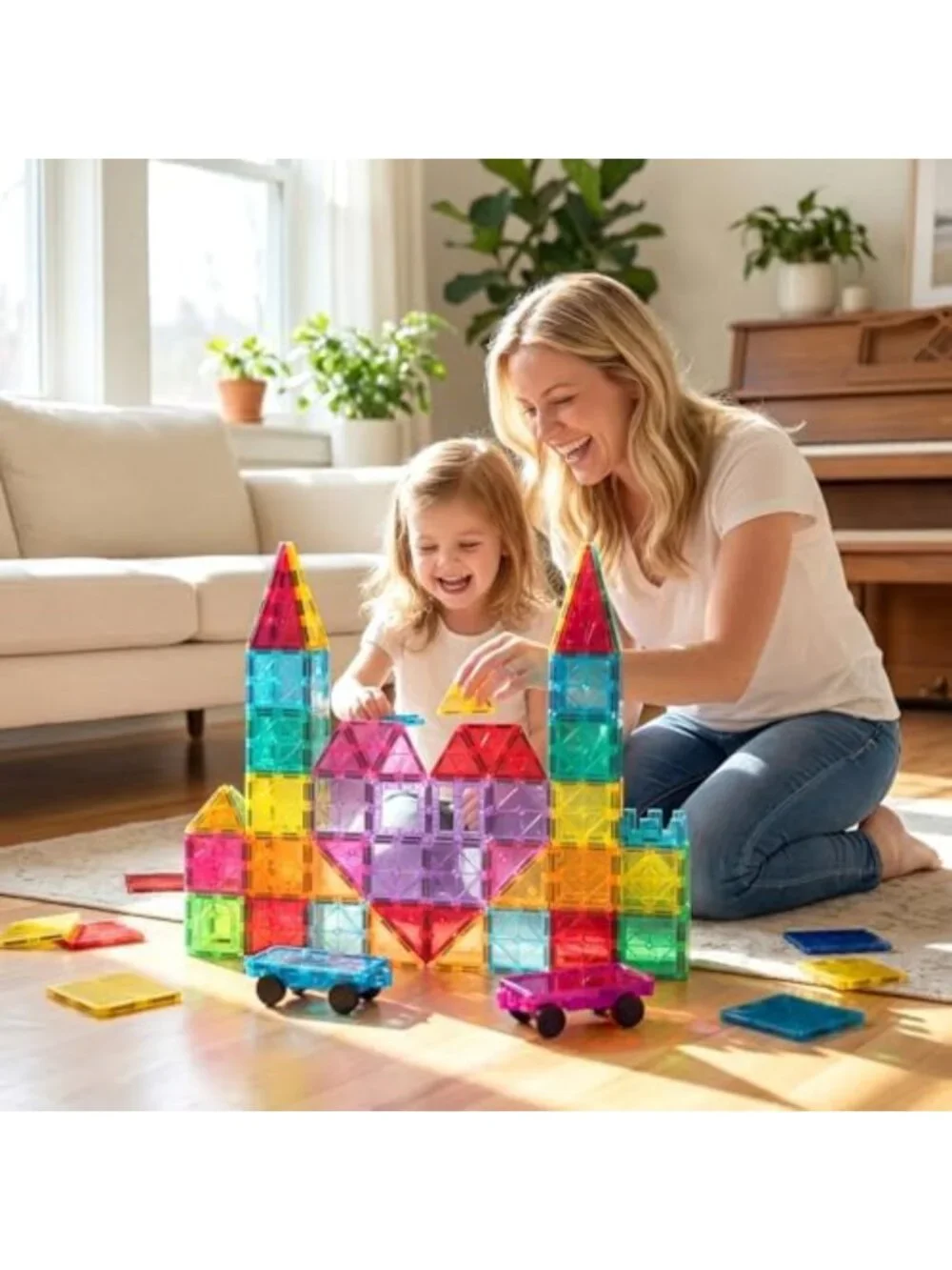 Magnetic Building Tiles Set 130PCS with Cars | 3D STEM Toys for Kids 3-9+ | Gift